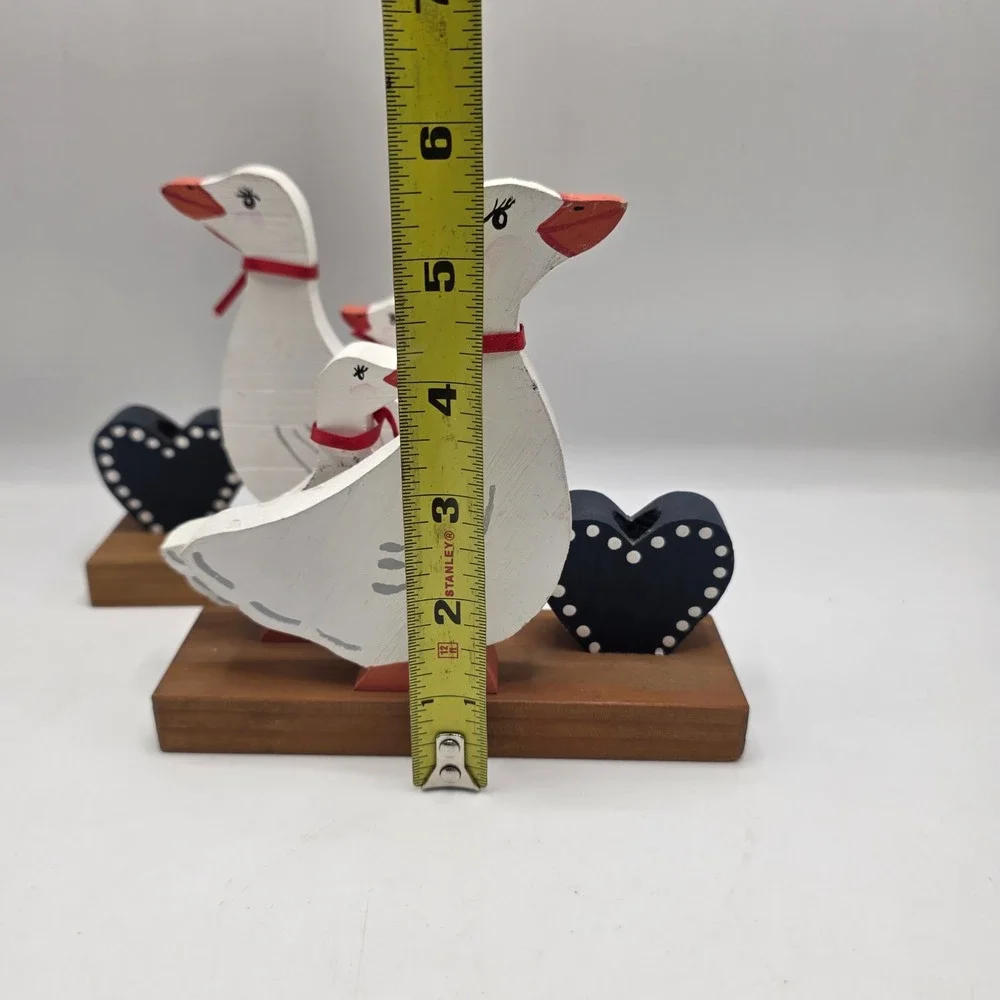 Goose Candle Holders Set of 2 White Blue Heart Wood Folk Art Farmhouse Decor